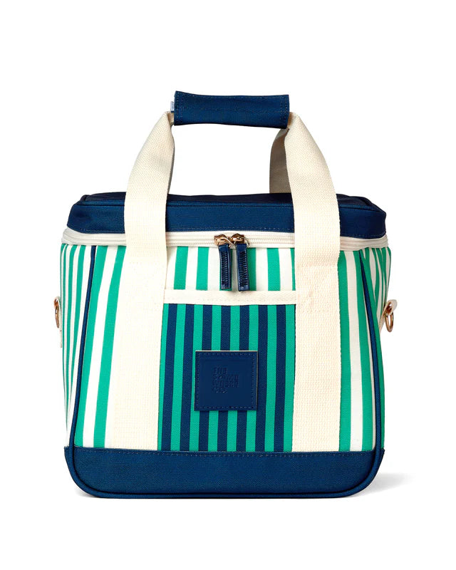 Striped cooler bag with blue and green pattern on a white background
