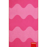 Pink and red striped towel with a brand logo on a white background