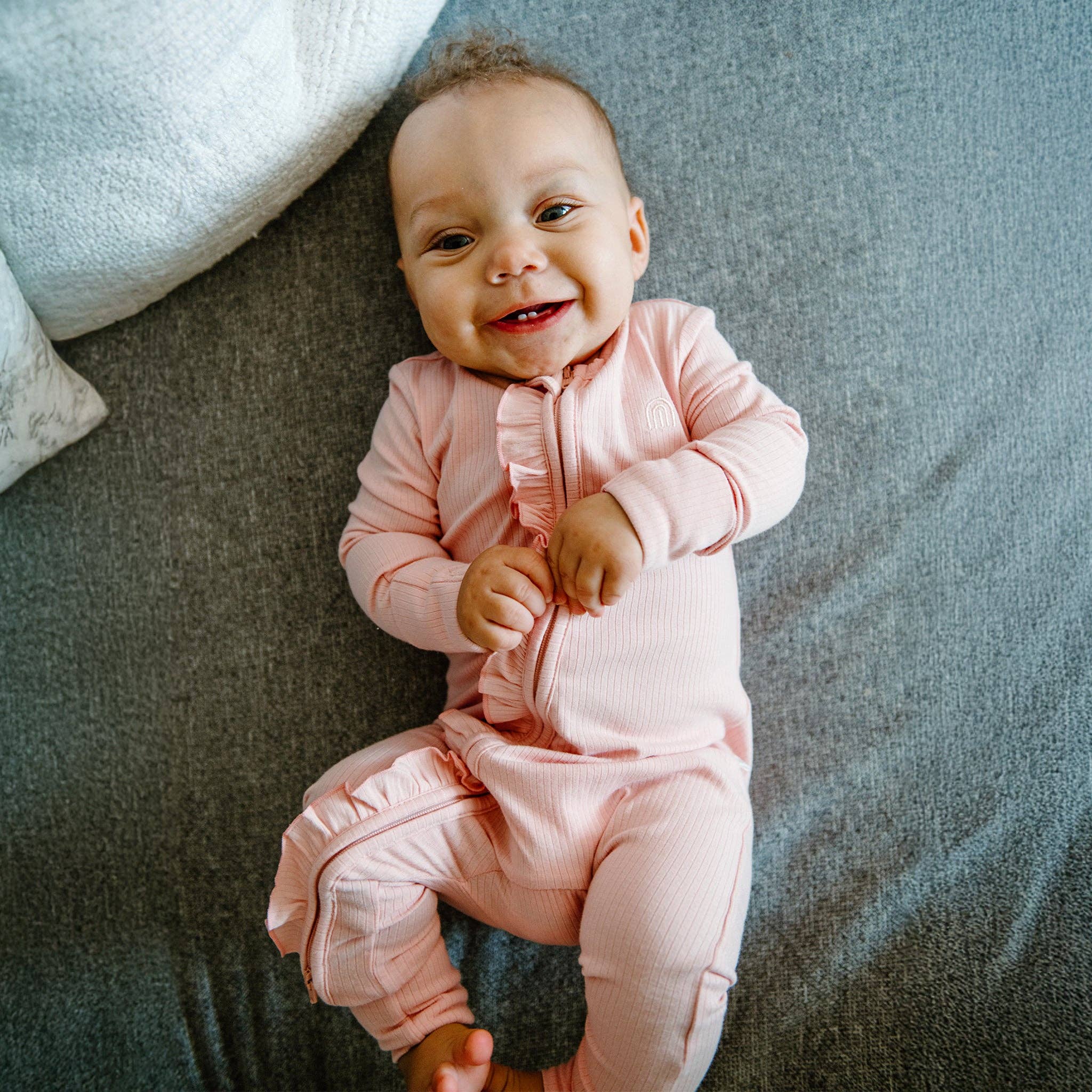 Rib Day or Night Frill Onesie - Pink Clay