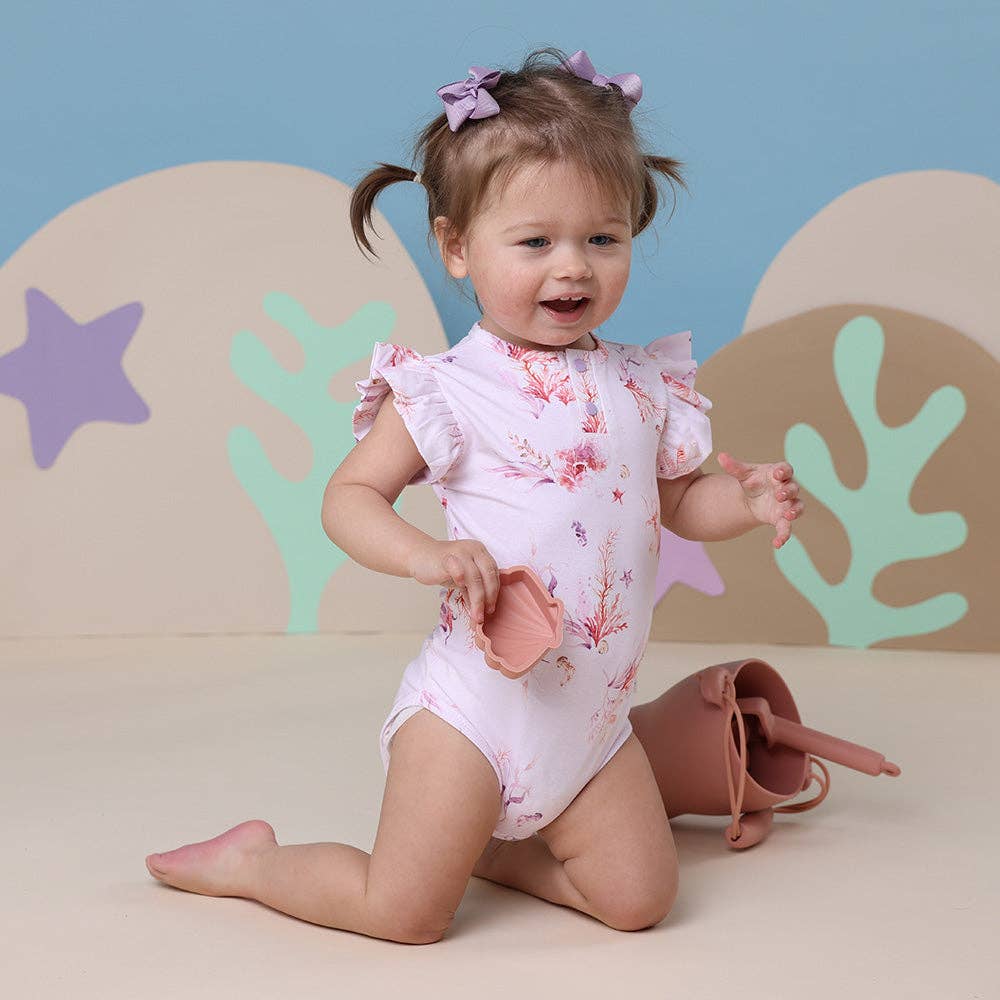 Snuggle Hunny - Coral Short Sleeve Organic Bodysuit with Frill