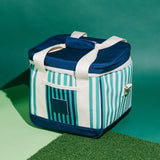Striped cooler bag with blue lid on a green background