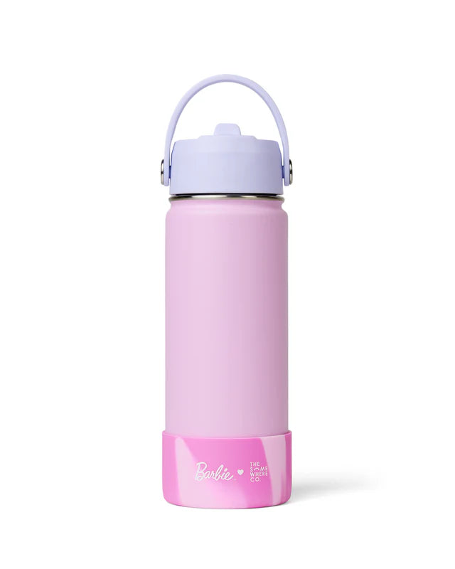 Pink water bottle with a white lid on a white background