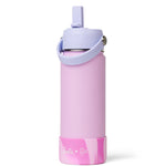 Pink water bottle with purple lid and handle on a white background