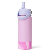 Pink water bottle with purple lid and handle on a white background