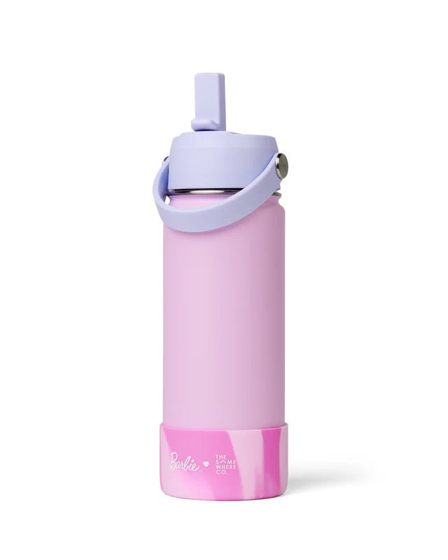 Pink water bottle with purple lid and handle on a white background