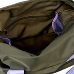 Green bag with purple accents on a white background