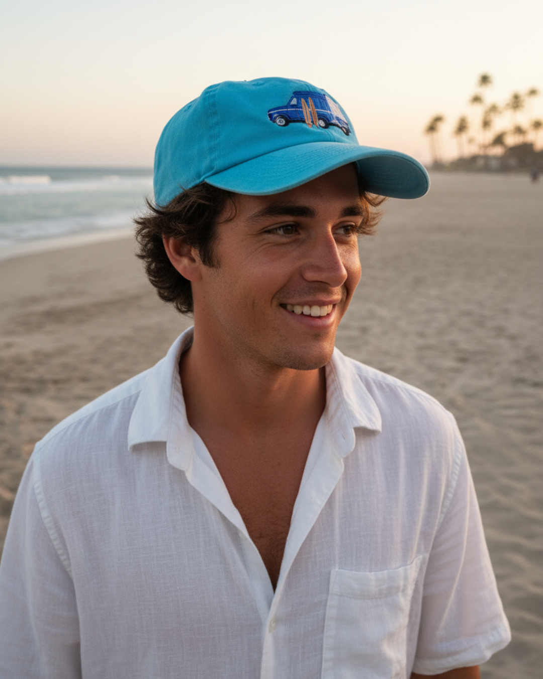 Man wearing a blue cap and white shirt on a beach