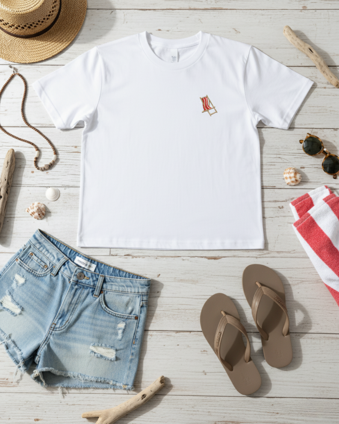 White t-shirt with a small red logo, denim shorts, brown flip-flops, and beach accessories on a wooden surface.