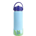 Light blue water bottle with purple lid and green base on a white background