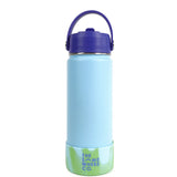 Light blue water bottle with purple lid and green base on a white background