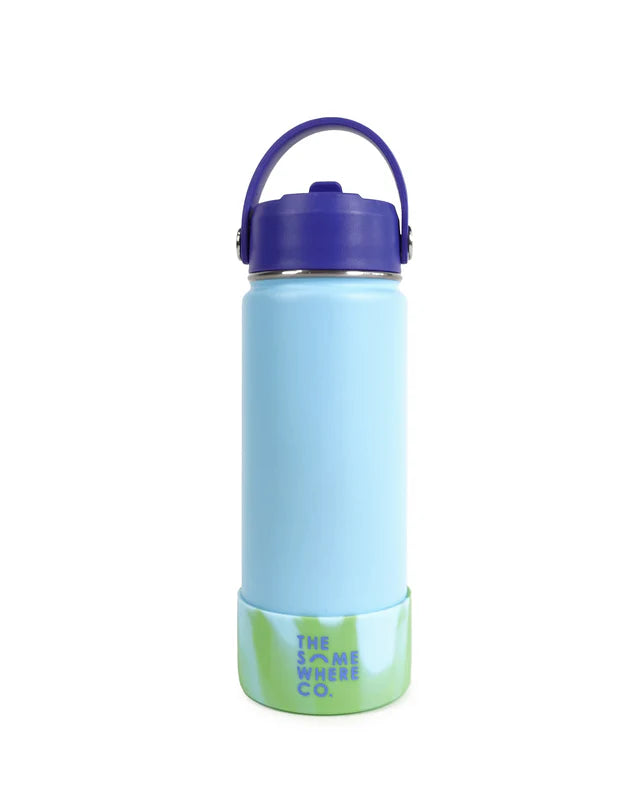 Light blue water bottle with purple lid and green base on a white background