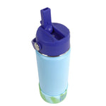 Blue water bottle with a purple lid on a white background