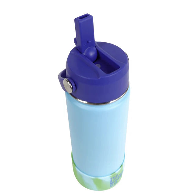 Blue water bottle with a purple lid on a white background