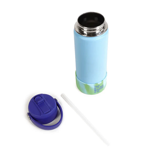 Blue insulated bottle with a black lid and purple cap on a white background