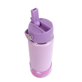 Purple water bottle with straw lid on a white background