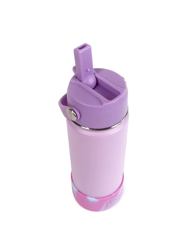 Purple water bottle with straw lid on a white background