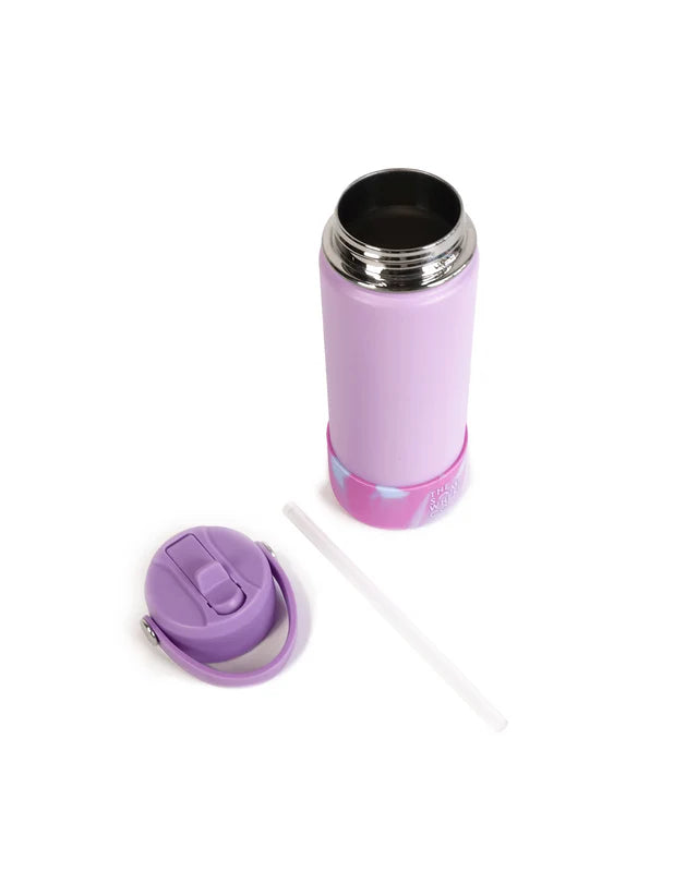 Purple insulated tumbler with lid and straw on a white background