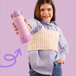 Child holding a pink water bottle against a purple background