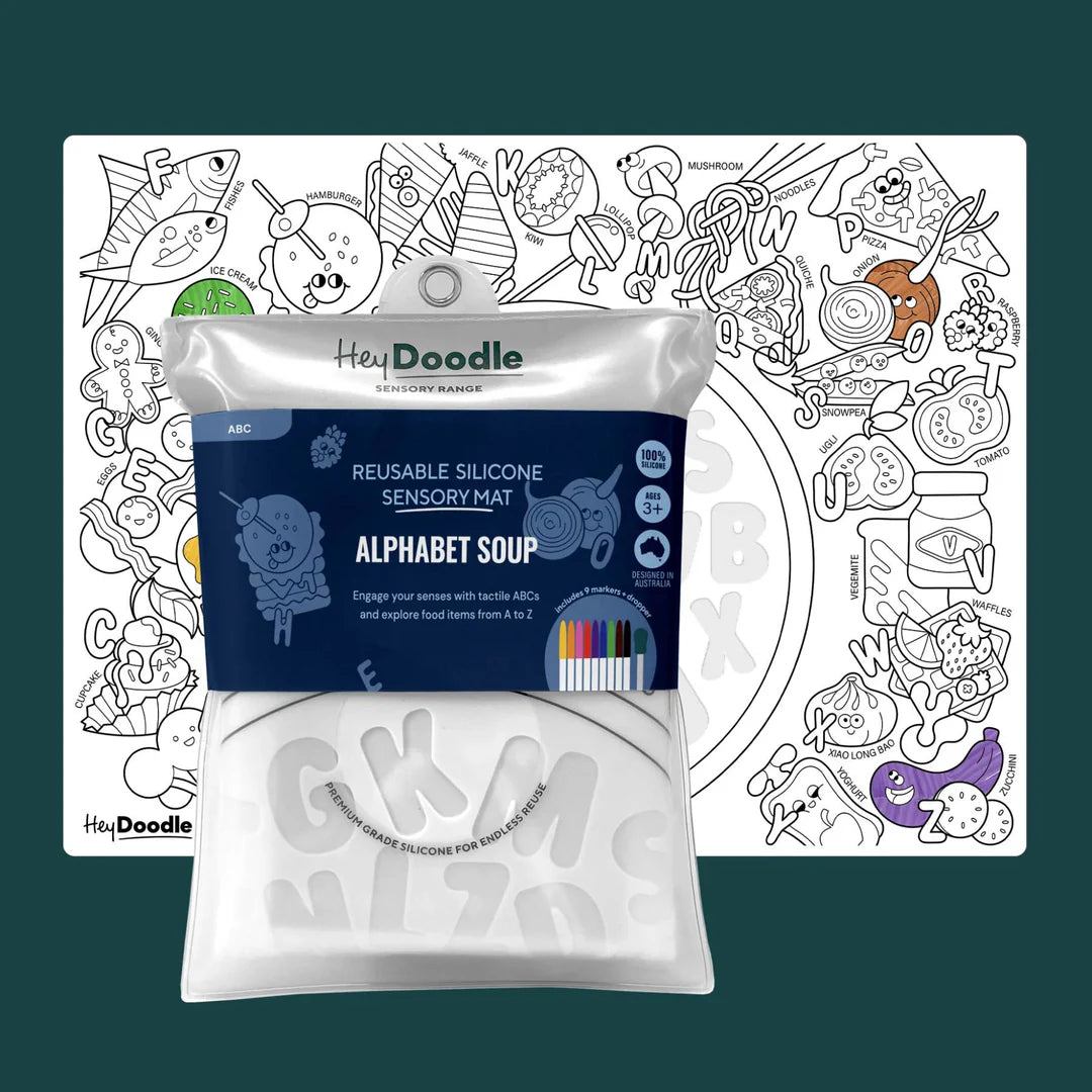 Reusable silicone sensory mat with alphabet soup theme and 'Hey Doodle' branding.