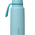 Light blue water bottle with a handle on a white background