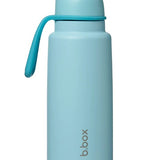 Light blue water bottle with a handle on a white background