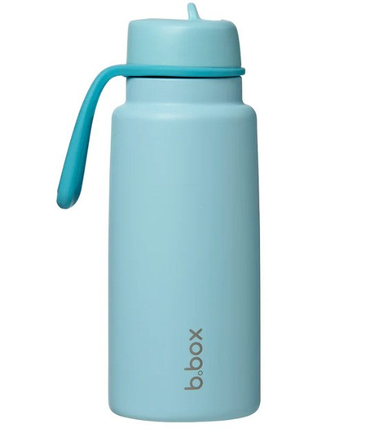 Light blue water bottle with a handle on a white background