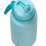Light blue water bottle with a spout on a white background