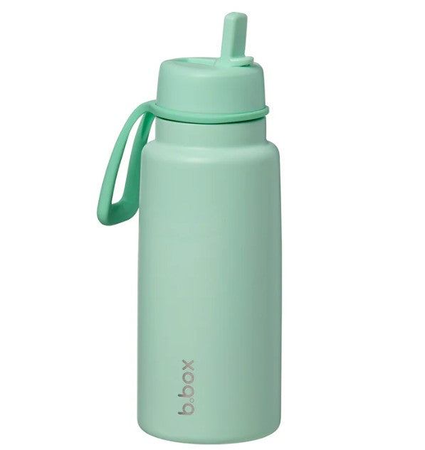 Mint green water bottle with straw lid on a white background