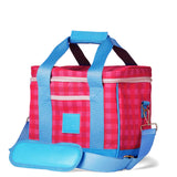 Pink and blue checkered bag with a blue handle on a white background