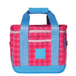 Pink and blue checkered bag with a solid blue square on a white background