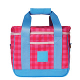 Pink and blue checkered bag with a solid blue square on a white background