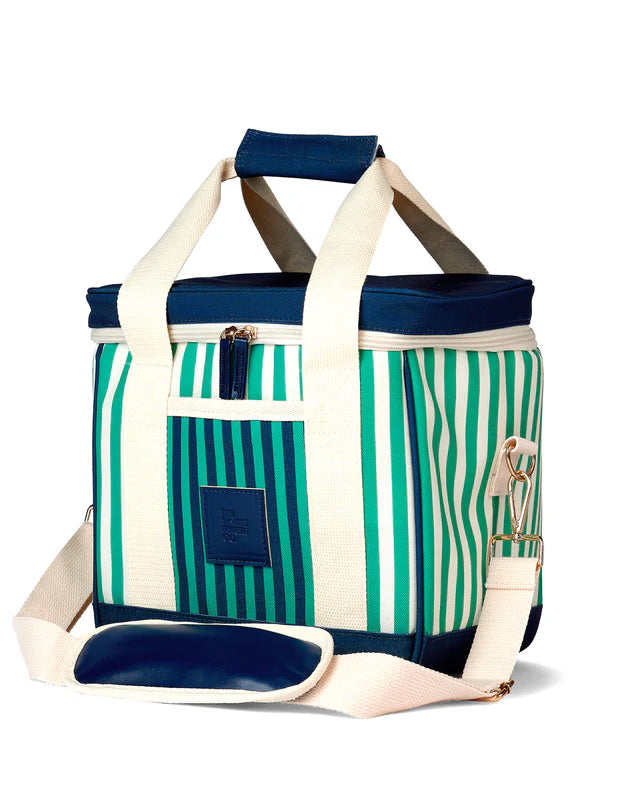Striped bag with blue accents on a white background