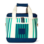 Striped cooler bag with blue and green pattern on a white background