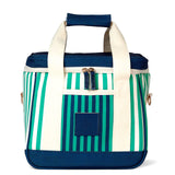 Striped cooler bag with blue and green pattern on a white background