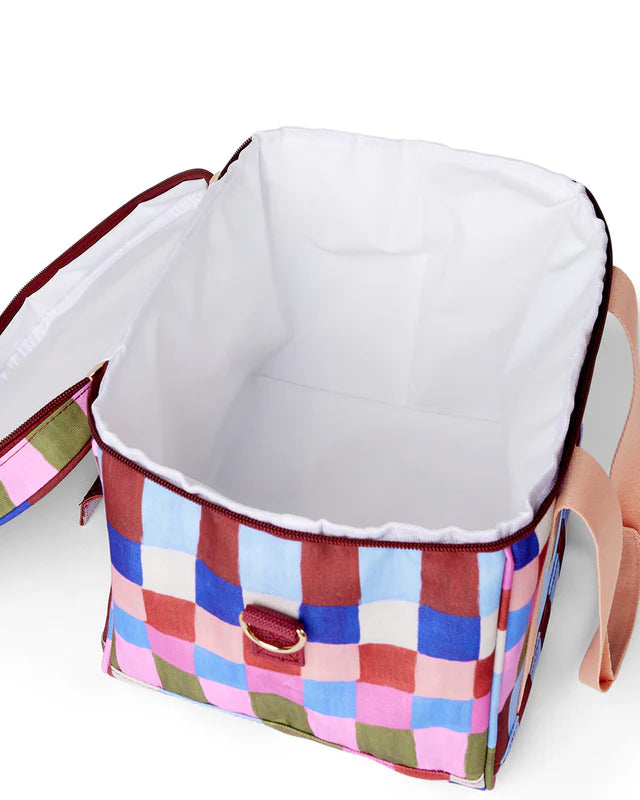 Multicolored checkered bag with a white interior on a white background
