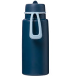 Navy blue water bottle with a white handle on a white background