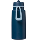Navy blue water bottle with a white handle on a white background