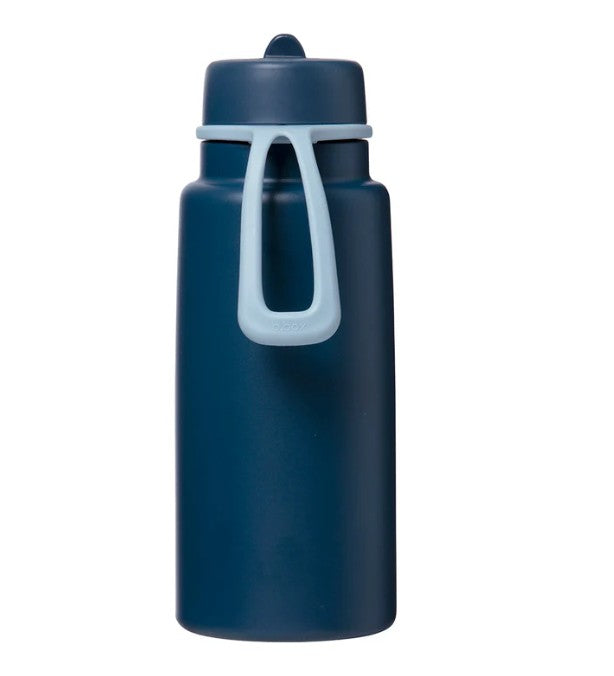 Navy blue water bottle with a white handle on a white background