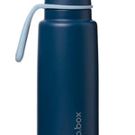 Blue water bottle with a white handle on a white background