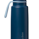Blue water bottle with a white handle on a white background
