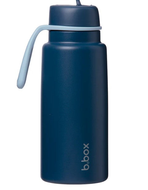 Blue water bottle with a white handle on a white background