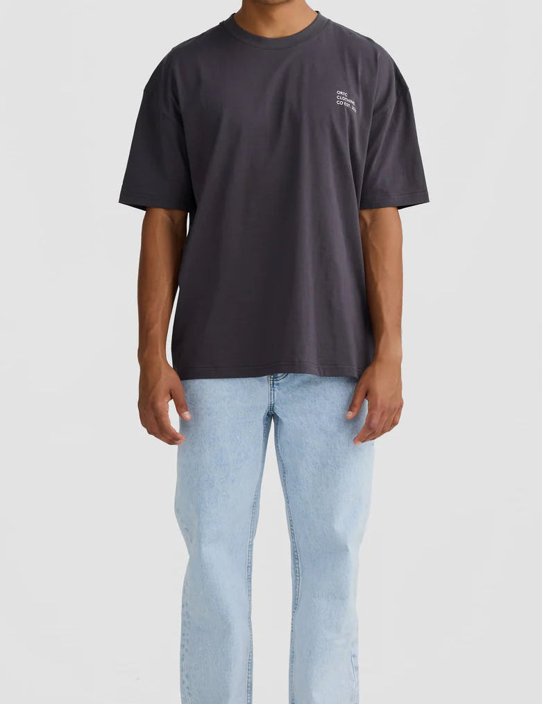 Person wearing a dark gray t-shirt and light blue jeans on a white background