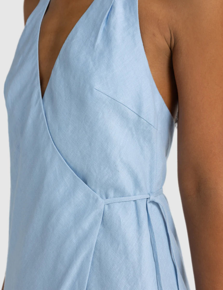 Elise Linen Wrap Full Length Dress Powder Blue