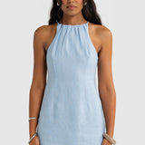 Jessie Linen Gathered Neck Dress Power Blue
