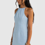 Jessie Linen Gathered Neck Dress Power Blue