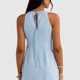 Jessie Linen Gathered Neck Dress Power Blue