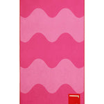 Pink and red striped towel with a brand logo on a white background