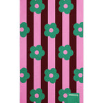 Towel with green floral patterns on pink and brown striped background