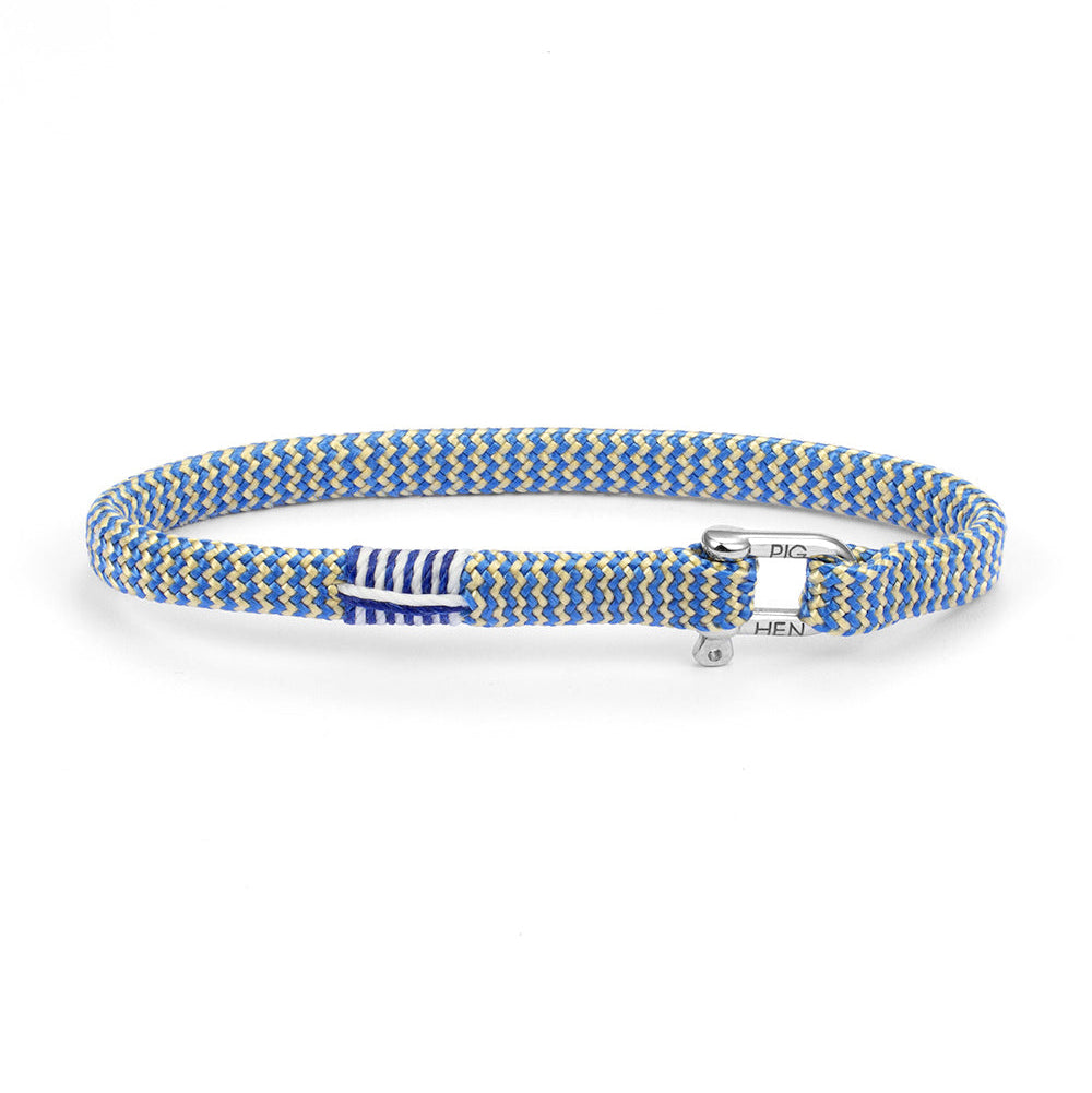 Blue and white braided dog collar on a white background