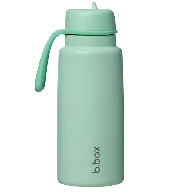 Mint green water bottle with a handle on a white background